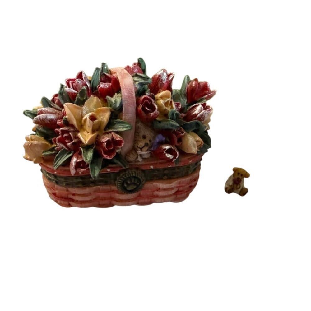 Longaberger Boyds Bear Trinket Box Basket w/ Alva Trinket Spring Tulips